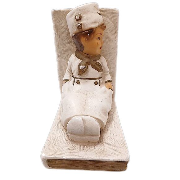 Bookend Set Dutch Boy & Girl Sitting on Books Ceramic Chalkware Nursery Children - Picture 3 of 12